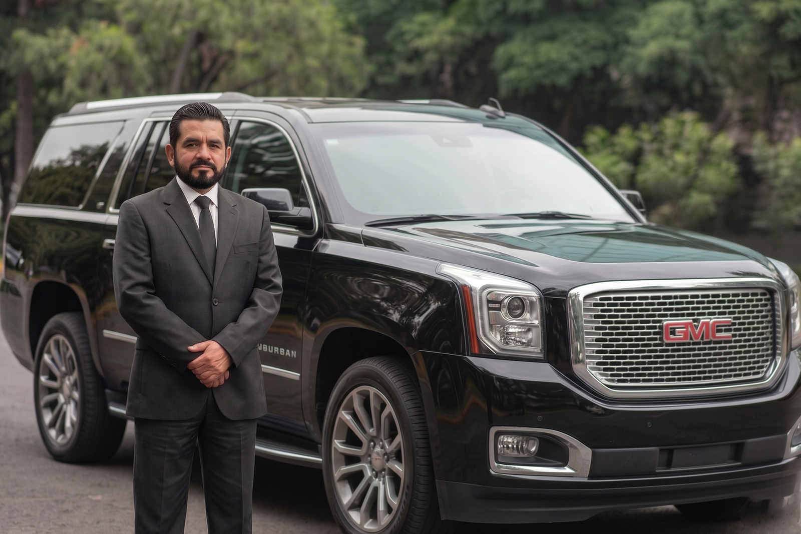 Chofer ejecutivo de Nova delante de una SUV marca GMC